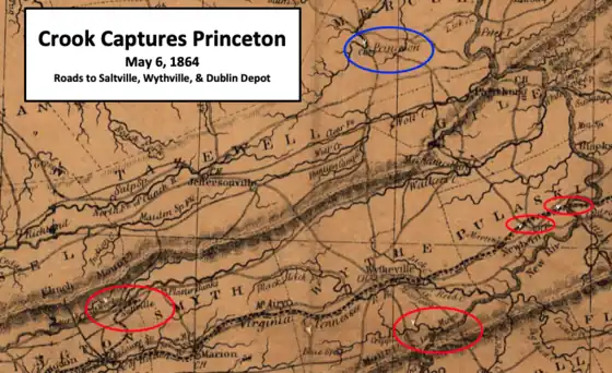 An old map with salt mines, lead mines, Depot, and bridge circled in red; while Princeton is circled blue