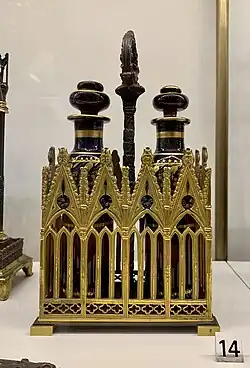 Cruets with flasks, unknown French maker, c.1835-1850, patinated and gilt bronze, silver?, flasks made of coloured glass, Museum of Decorative Arts, Paris