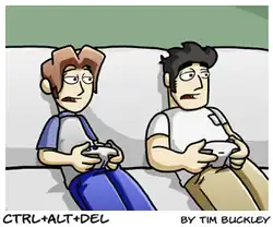 Two webcomic characters playing a video game on a couch. The characters are Ethan and Lucas, who are the protagonists of the webcomic Ctrl+Alt+Del by Tim Buckley. Ethan is a lean man with brunette hair and a grey T-shirt with short and blue raglan sleeves. On the other hand, Lucas is sturdy one who has black hair and a white T-shirt which has short sleeves. The wallpaper behind the couch is green and has no patterns.