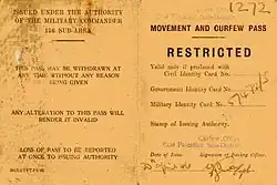Movement and curfew pass, issued under the authority of the British Military Commander, East Palestine, 1946