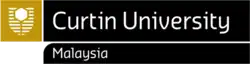 White hexagon over shield of horizontal stripes to the left of the words "Curtin University Malaysia".