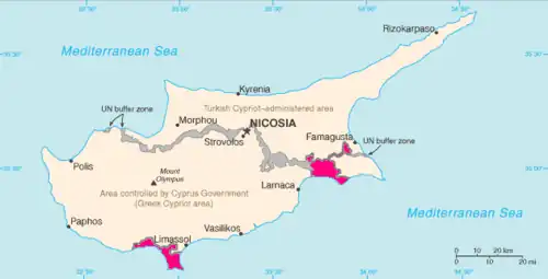 Location of Akrotiri (southwest) and Dhekelia (southeast) in deep pink on Cyprus
