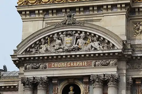 Beaux-Arts pediment with sculptures on the facade of the Palais Garnier, Paris, by Charles Garnier, 1861–1874[25]