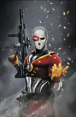 Deadshot stands in costume holding a rifle as bullets rain down from above