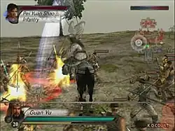 A horizontal rectangular video game screenshot that is a digital representation of a grassy battlefield. A man in a white outfit atop a horse swings a Chinese polearm at soldiers with swords and spears surrounding him. Character profiles are in the left top and bottom corners with colored bars extending to the right. A transparent mini-map appears in the top right corner with red and blue dots spread out along the map's paths.