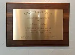 Plaque commemorating the awarding to Maria Callas of a life membership to the Dallas Civic Opera (today known as Dallas Opera); dated 12 September 1968