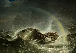 A ship with a shattered mast is sinking in darkness beneath crashing waves near an indistinct rocky shore. A pale rainbow appears in the spray around the ship.