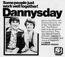 Newspaper advertisement for the television talk show Dannysday, hosted by Danny Williams and Mary Hart, including a list of guests for an upcoming program.