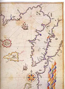 Historic map of the Dardanelles by Piri Reis