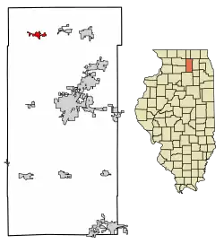 Location of Kirkland in DeKalb County, Illinois.