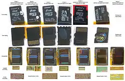 Images of genuine, questionable, and counterfeit microSD cards before and after decapsulation. Details at source.