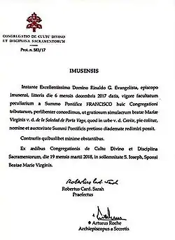 The pontifical decree issued for the icon of Our Lady of Porta Vaga on 19 March 2018. This is the present decree format used by the Dicastery for Divine Worship since 1999.