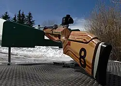 A Feinwerkbau biathlon air rifle with laminated woodstock.