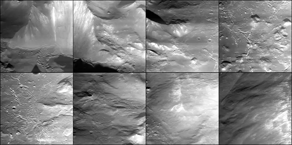 Sequence of adjacent but non-overlapping images acquired by MESSENGER NAC of the interior of Degas. All images are oblique and looking northwest. The upper left three images show the central peak. The upper right and lower left images show the fractured crater floor. The two central bottom images show terraces and flow structures on the northern slope of the crater wall. The lower right image shows the crater rim. Distance across foreground in each image is approximately 2.5 km.