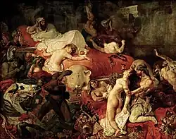 The Death of Sardanapalus; by Eugène Delacroix; 1827; oil on canvas; 3.92 × 4.96 m; Louvre[206]