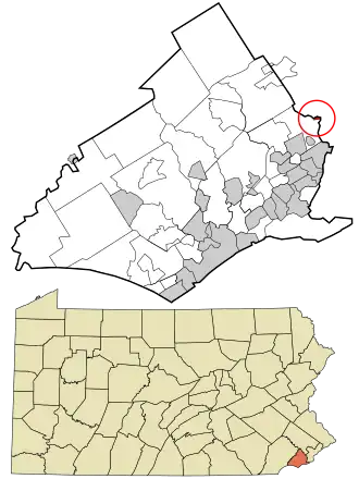 The location of Millbourne in Delaware County, Pennsylvania (top) and within Pennsylvania (bottom)