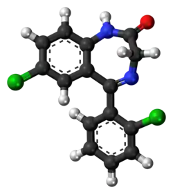 Ball-and-stick model of the delorazepam molecule