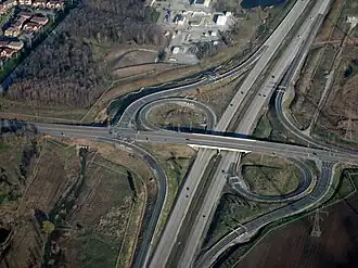 A parclo A4 interchange along Highway 407 on the Mississauga / Milton, Ontario, boundary 43°34′17.8″N 79°47′23.6″W / 43.571611°N 79.789889°W / 43.571611; -79.789889