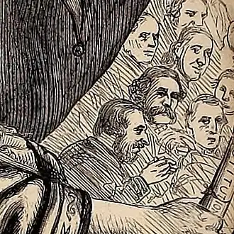 In the stands closest to Emperor Andy are the Copperheads: Manton Marble, John Hoffman, and Fernando Wood