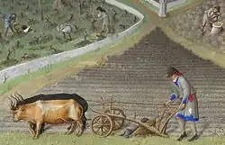 Painting of farmers, with one plouging with two oxen