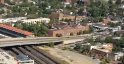 Detail of an Aerial view of Union Station showing the former Home for the Aged Men and Women in the 1980s