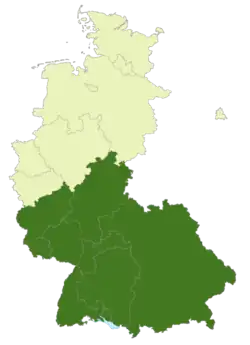 A map of West Germany and West Berlin with the location of the 2. Bundesliga Süd highlighted