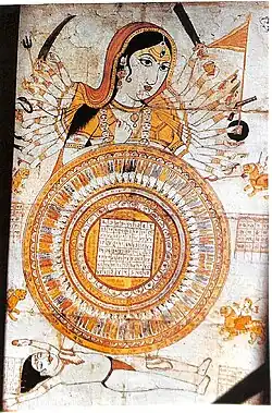 Cloth painting of Devi with a superimposed Yogini Chakra, wheel of the 64 Yoginis. Rajasthan, 19th century.
