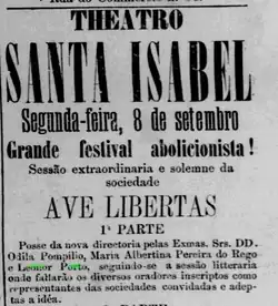 Invitation to the Great Abolitionist Festival, in the printed newspaper Diário de Pernambuco (September 8, 1884).[24]