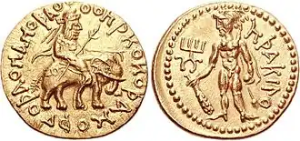 Herakles on the reverse of a Kushan coin of emperor Huvishka (140-180 CE).[10]