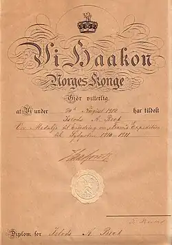 Certificate for the South Pole Medal awarded to Beck