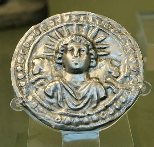 Third-century AD Roman imperial repoussé silver disc found at Pessinus showing Sol Invictus with a parhelion