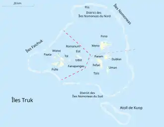 Map of islands in green on a blue ocean background