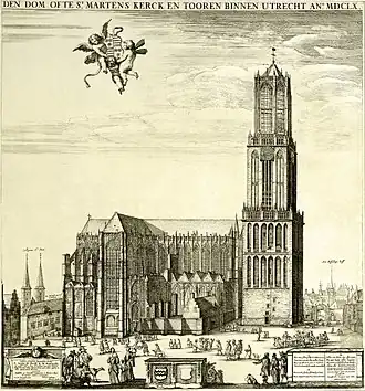 View of St. Martin's Cathedral from the north, before the nave's collapse. Etching after Steven van Lamsweerde, 1660