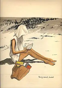 a person reading a book outside with a cloth covering their head. Text in image reads "Terry-towel, hooded."