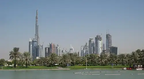 Skyline of Business Bay, Dubai as seen from Safa Park.
