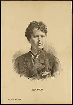 Drawing of a short-haired girl dressed in a man's suit and tie.