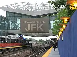 The station as it appeared as it was being reconstructed to allow for a transfer to AirTrain JFK in 2003; note the temporary platform (left)