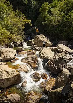hikers on a waterfall