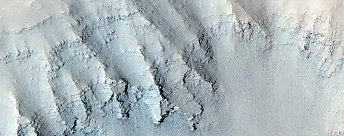 Close view of layers in Louros Valles, as seen by HiRISE under HiWish program. Note this is an enlargement of a previous image.