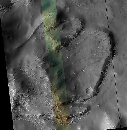 Landslide, as seen by HiRISE under HiWish program The colored strip is about 1 km across.