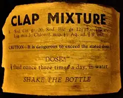 Brown glass medicine bottle label reading, "Clap Mixture" and a list of its ingredients.