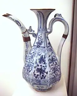 Chinese blue and white porcelain from about 1335, made in Jingdezhen, the porcelain centre of China. Exported to Europe, this porcelain launched the style of Chinoiserie.