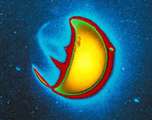 This is a picture of Earth in ultraviolet light, taken from the surface of the Moon. The day-side reflects a lot of UV light from the Sun, but the night-side shows bands of UV emission from the aurora caused by charged particles.[8]