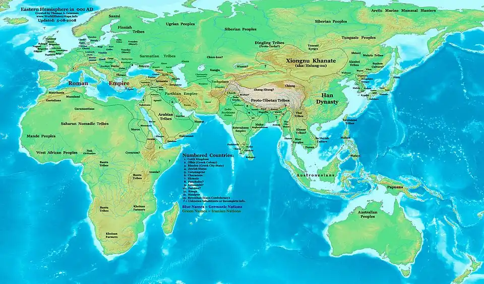 Map of the Eastern Hemisphere in 1 AD
