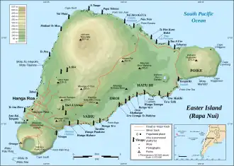 Map of Rapa Nui showing major ahus with moai. Rano Raraku and Ahu Tongariki are on the southern coast near Poike at the eastern end of the island.