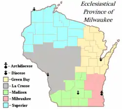 Map of Wisconsin indicating counties for each of the five dioceses