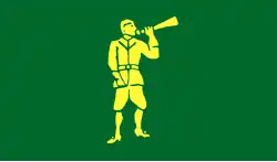 Described by George Roberts after his capture by Edward Low: “After which, [Low] ordered a Consultation Signal to be made, which was their Green Trumpeter, as they called him, hoisted at the Mizen-Peek: It was a green silk flag, with a yellow figure of a man blowing a Trumpet on it.”[56]