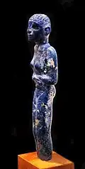 Egyptian statuette, 3300–3000 BCE. The lapis lazuli material is thought to have been imported through Mesopotamia from Afghanistan. Ashmolean.[21][14]