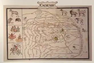 Elaborately illustrated map of the Kashmir Subah of the Mughal Empire, commissioned by Jean Baptiste Joseph Gentil, ca.1770