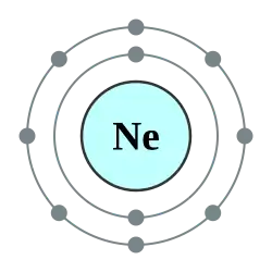 An atomic shell diagram with neon core, 2 electrons in the inner shell and 8 in the outer shell.